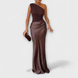 Elegantes Ein-Schulter Falten Maxi Kleid