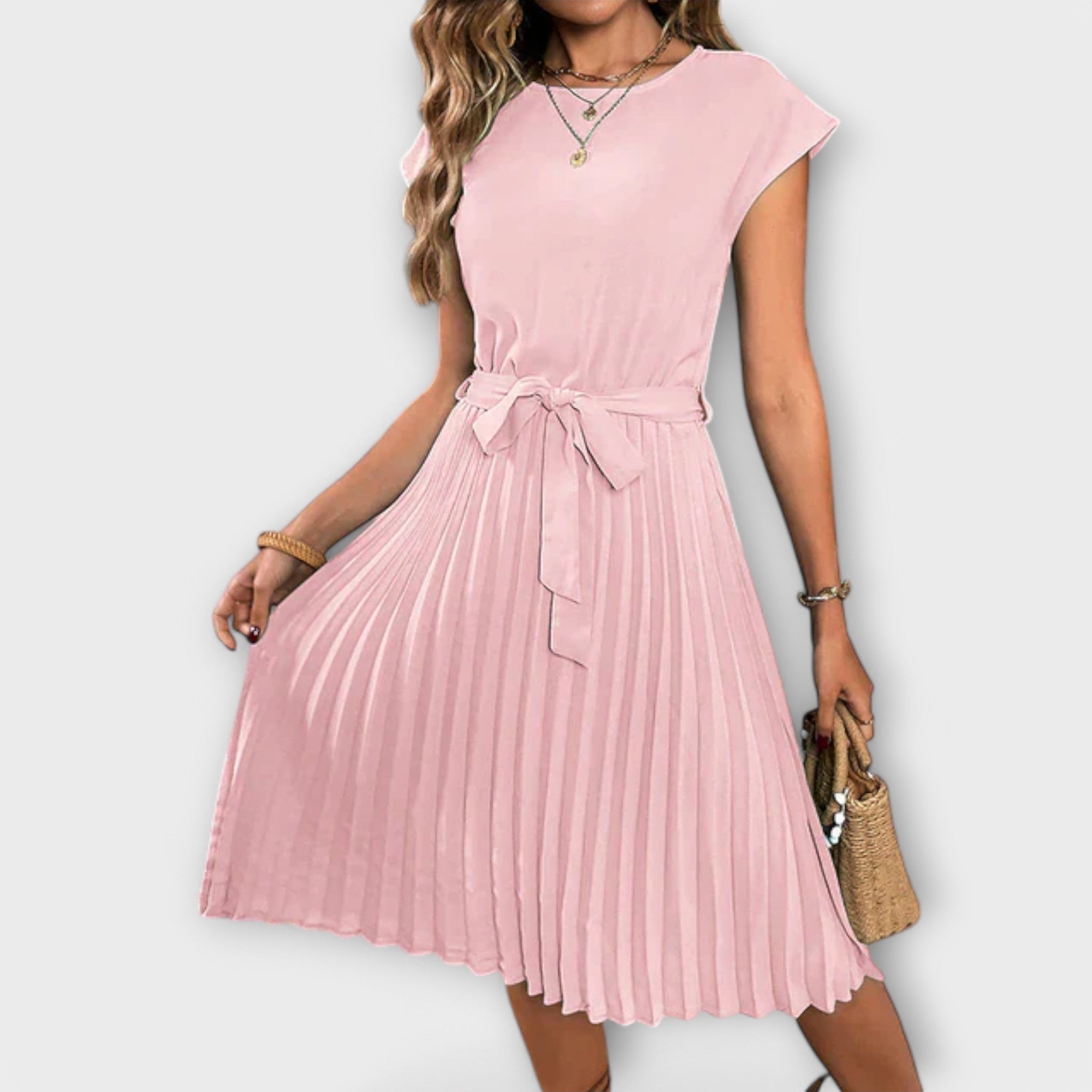 Claire - Kurzarm, gefältete, lässige Midikleid