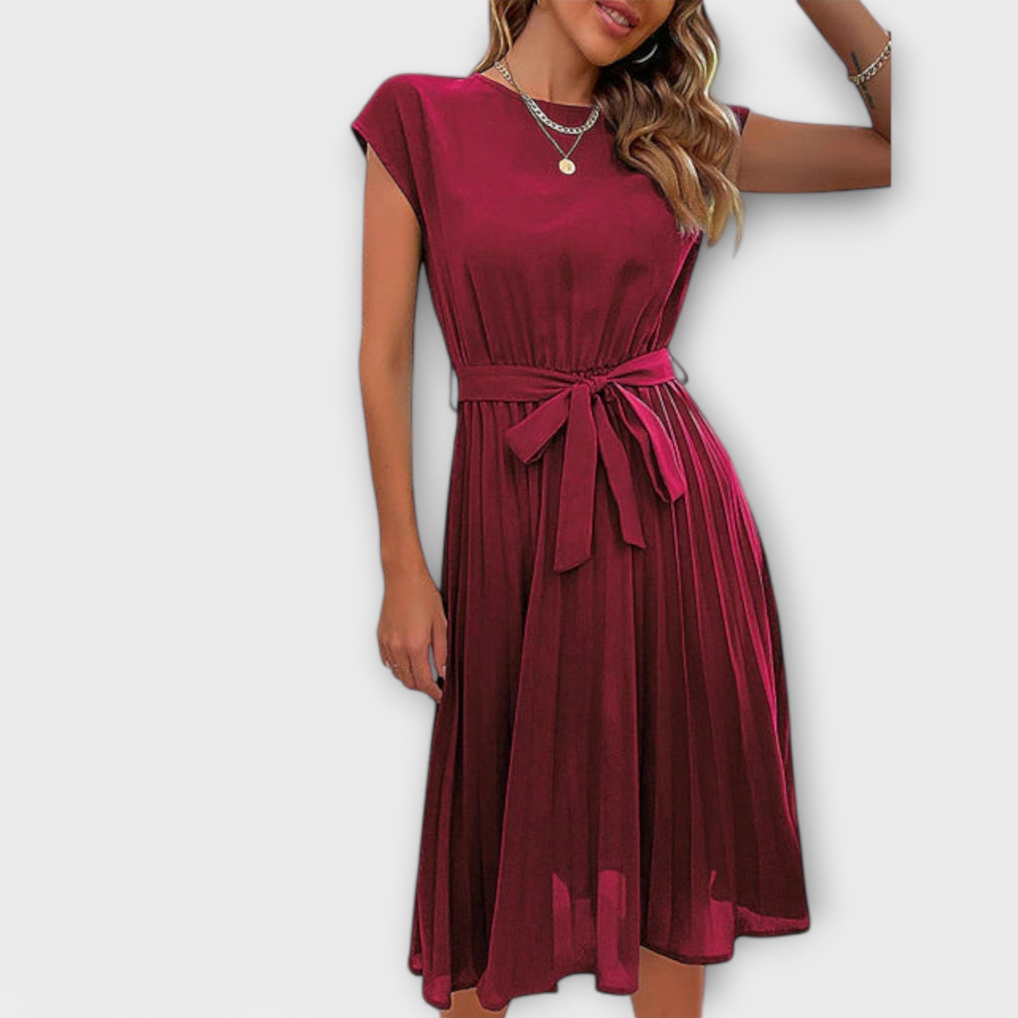 Claire - Kurzarm, gefältete, lässige Midikleid