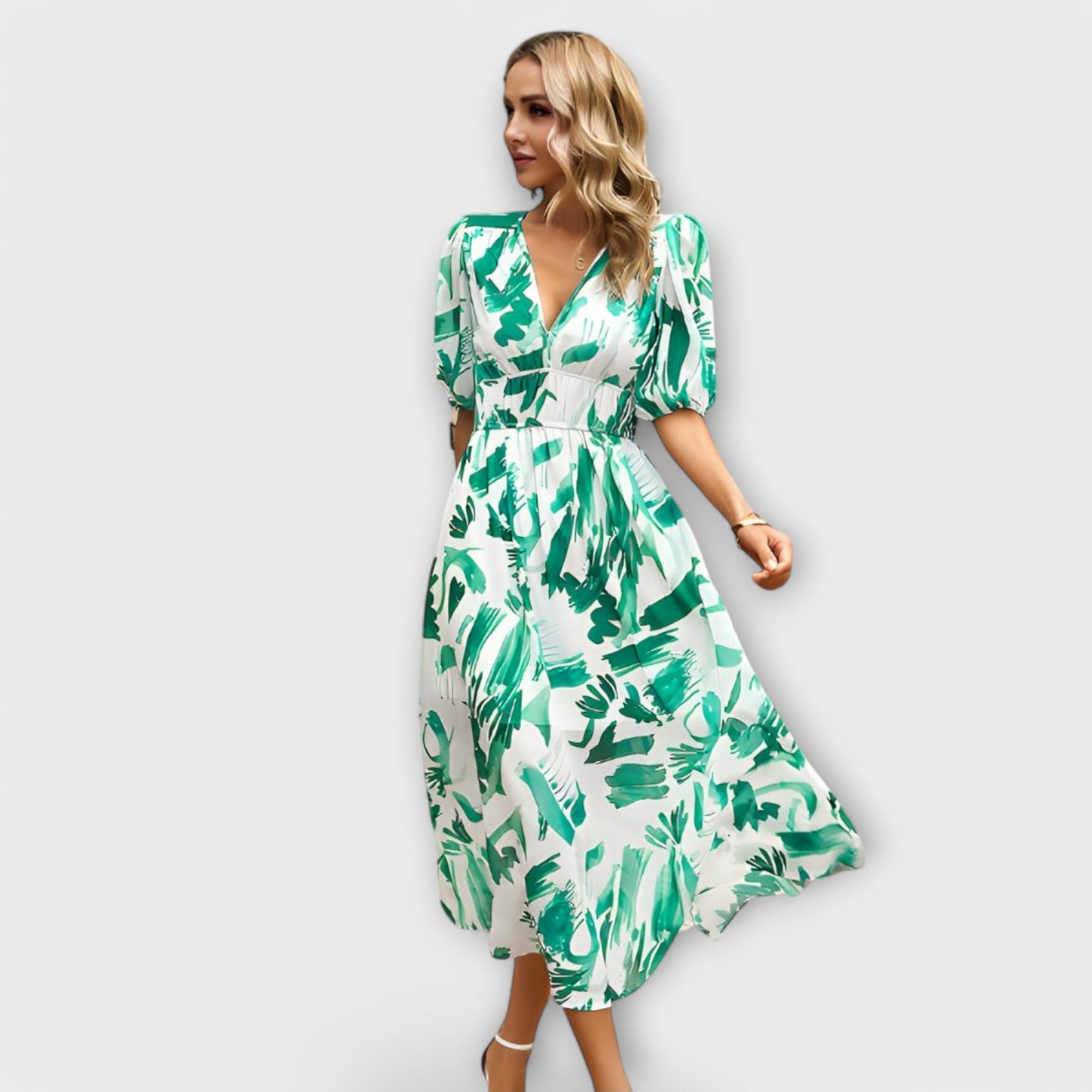 Abstraktes Maxi-Kleid mit Puffärmeln